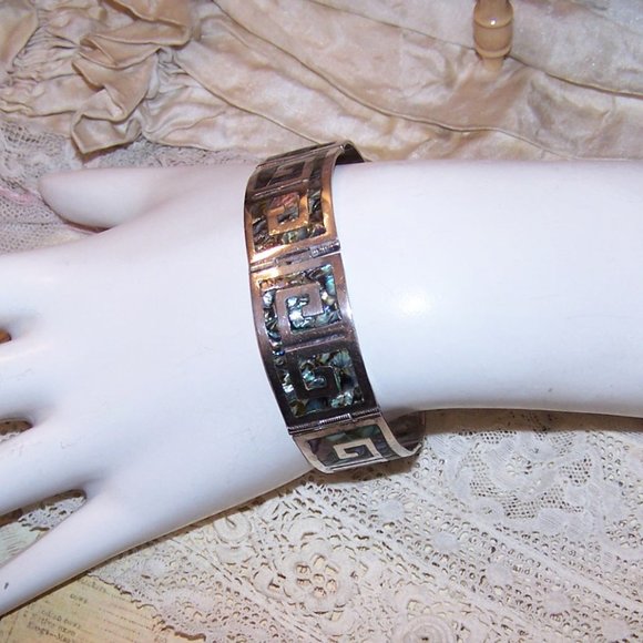 Los Ballesteros Sterling Silver Abalone Inlay Link Bracelet - Greek Key Design - Picture 4 of 9